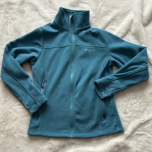 Columbia Full Zip Fleece Women’s Small Teal Blue Outdoor Hiking Cozy Layer - Picture 1 of 7